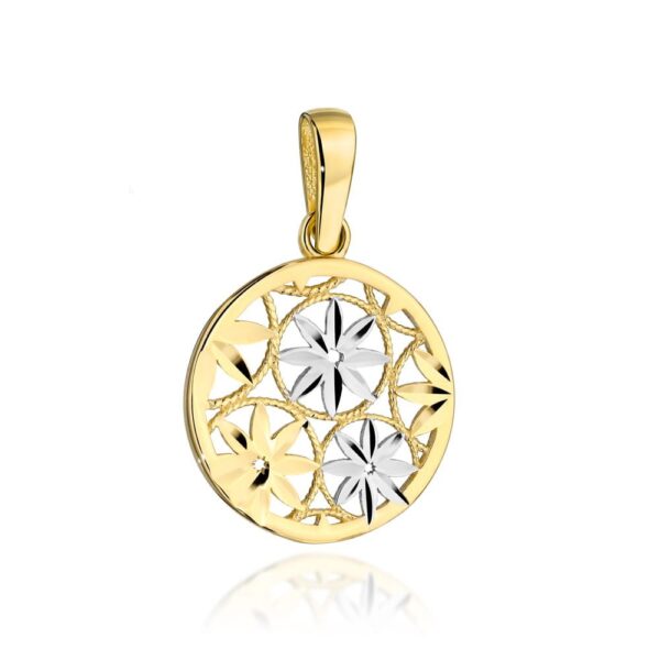 Zawieszka kółko z diamentowanymi kwiatami w dwóch kolorach złota - obrazek 2